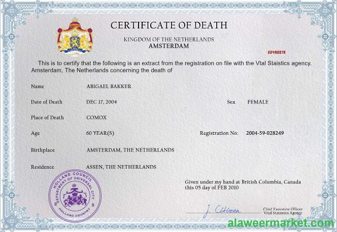 Netherlands death certificate PSD template